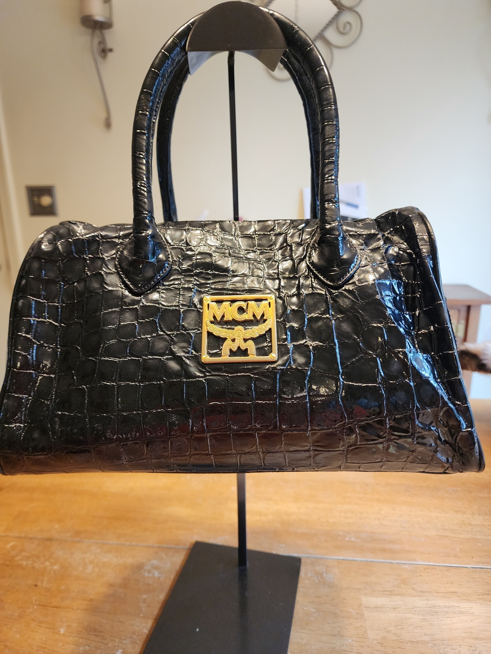 MCM Black Croc-Embossed Patent Leather Satchel with Gold Logo